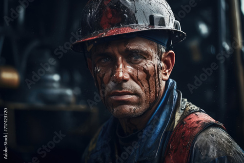 photograph of an oil worker wearing a hard hat on a drilling rig with his face stained with oil. Hard work extracting oi photo