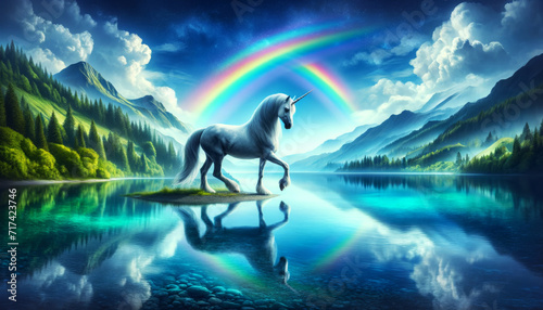 Serene Unicorn Reflecting in Mountain Lake. A solitary unicorn mirrored in the still waters of a mountain lake.