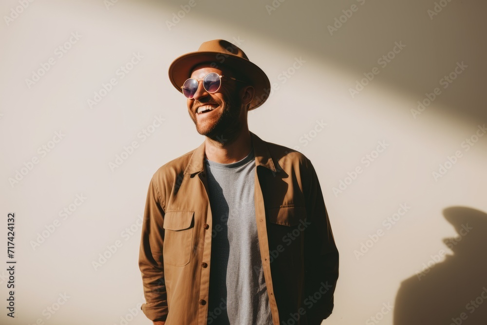Handsome young man in hat and sunglasses smiling on white background Handsome young man in hat and sunglasses smiling on white background