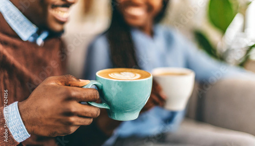 Couple with coffee, hands intertwined, sharing warmth and connection in the comfort of home