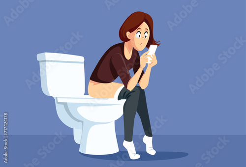 Vector Woman Doom Scrolling on her Phone While on the Toilet. Chronically online girl obsessed with her mobile taking it into the bathroom

