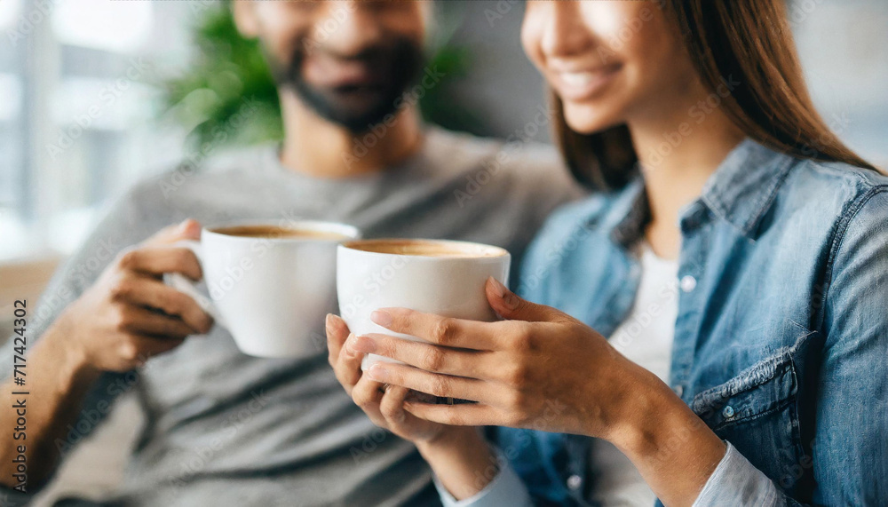 Couple with coffee, hands intertwined, sharing warmth and connection in the comfort of home Couple with coffee, hands intertwined, sharing warmth and connection in the comfort of home