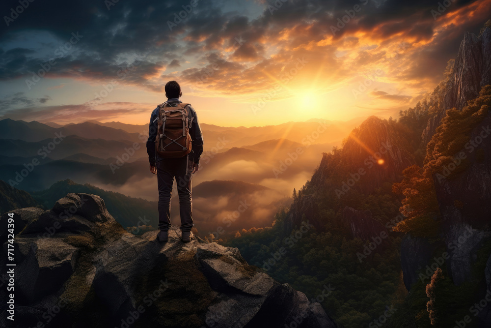 traveler with a backpack standing on the edge of a cliff looking at the setting sun