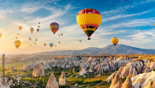 hot air balloons soar over Cappadocia's unique landscape, creating a mesmerizing panoramic scene of adventure and tranquility
