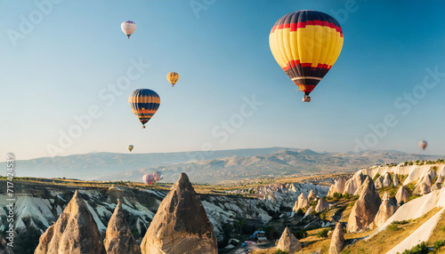 hot air balloons soar over Cappadocia's unique landscape, creating a mesmerizing panoramic scene of adventure and tranquility