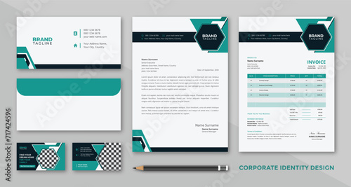 Corporate business stationery template design set with business cards, letterhead, invoice and envelope brand identity package