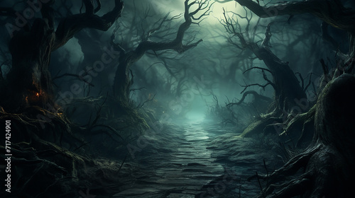 spooky scene of a haunted forest path, with gnarled trees, creeping fog, and the glowing eyes
