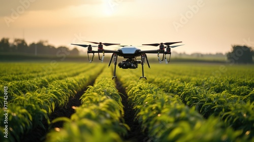 Agronomist drone flying over large field with sprouting crops and examining them