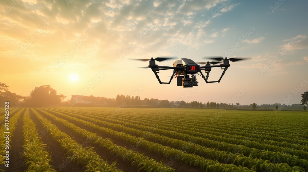 Drone spraying fertilizer on vegetable green plants futuristic technologies of the future generative ai