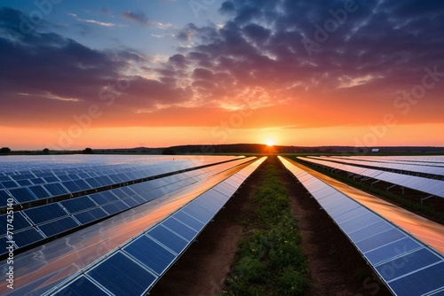 Sundown in Europe - solar panels on expansive farm. Generative AI © Calantha