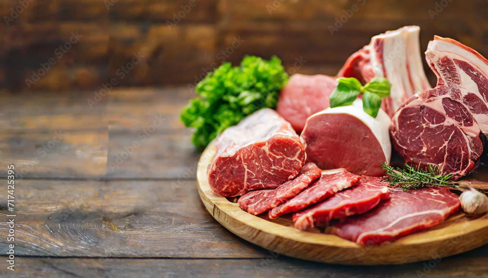 meat cuts beautifully arranged in a wooden tray, showcasing freshness and variety at a butcher shop or supermarket