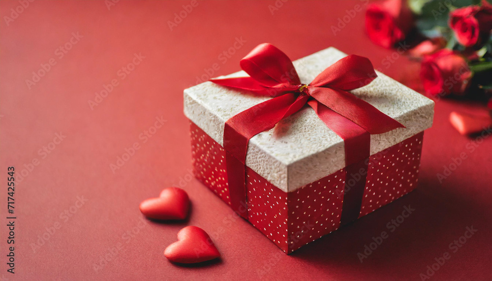 red heart gift box sits on a rich red background, embodying love and passion, perfect for Valentine's Day celebrations with ample copy space