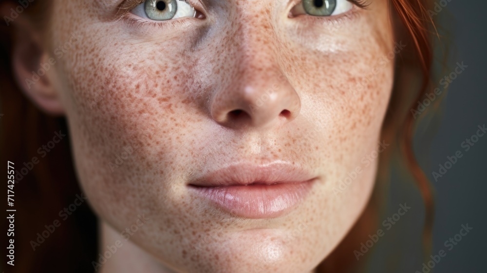 Closeup of a makeupfree, freckled cheek, dotted with a specialized spot treatment to combat signs of aging. Closeup of a makeupfree, freckled cheek, dotted with a specialized spot treatment to combat signs of aging.