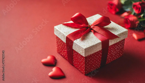 red heart gift box sits on a rich red background, embodying love and passion, perfect for Valentine's Day celebrations with ample copy space