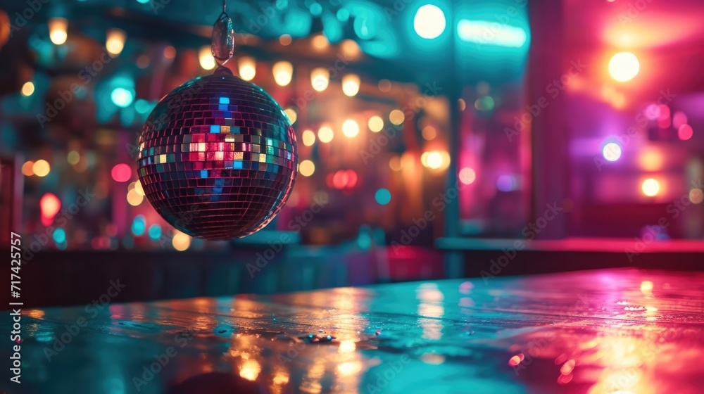 A disco ball hangs above the neon dance floor casting sparkling reflections across the room. A disco ball hangs above the neon dance floor casting sparkling reflections across the room.