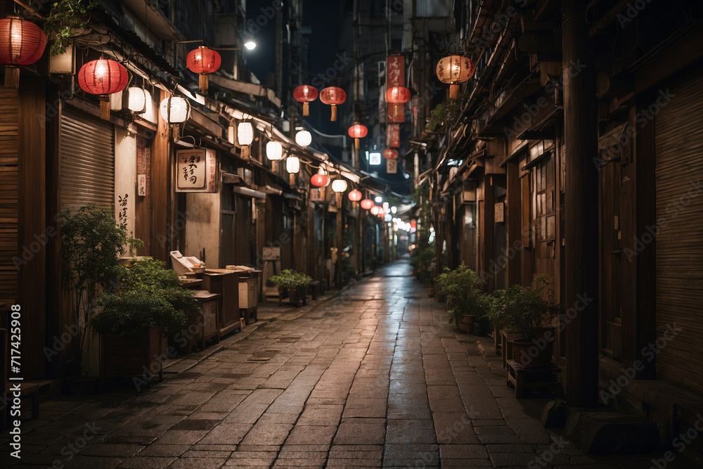 The alley between food shops at night has a Japanese atmosphere with lanterns hanging empty without people in cinematic style