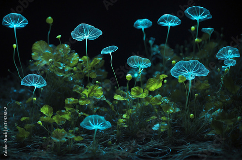 Background Bioluminescent plants or glowing neural networks, blending the lines between technology and nature