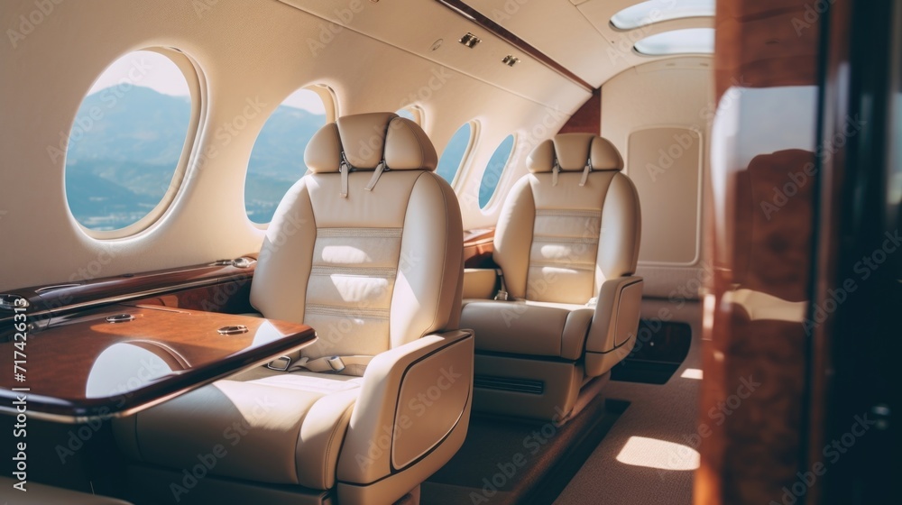 Fototapeta premium The private jets elegant interior is a stark contrast to the serene lakes passing by outside its windows, creating a unique and luxurious travel experience.