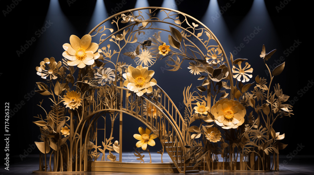 Beautiful Golden iron flower arch on stage, decorated composition for all events
