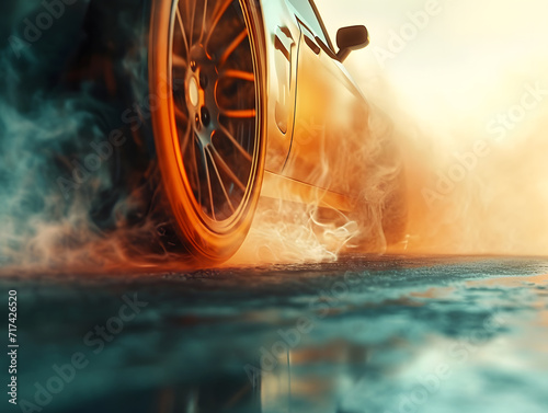 Drifting car. Racing car wheel drifting and smoking on the race track, Abstract texture and background black tire tracks skid on asphalt road. Tire skid marks