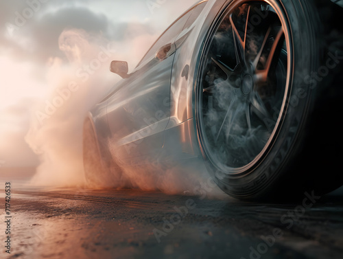 Drifting car. Racing car wheel drifting and smoking on the race track, Abstract texture and background black tire tracks skid on asphalt road. Tire skid marks