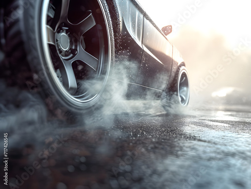 Drifting car. Racing car wheel drifting and smoking on the race track, Abstract texture and background black tire tracks skid on asphalt road. Tire skid marks photo