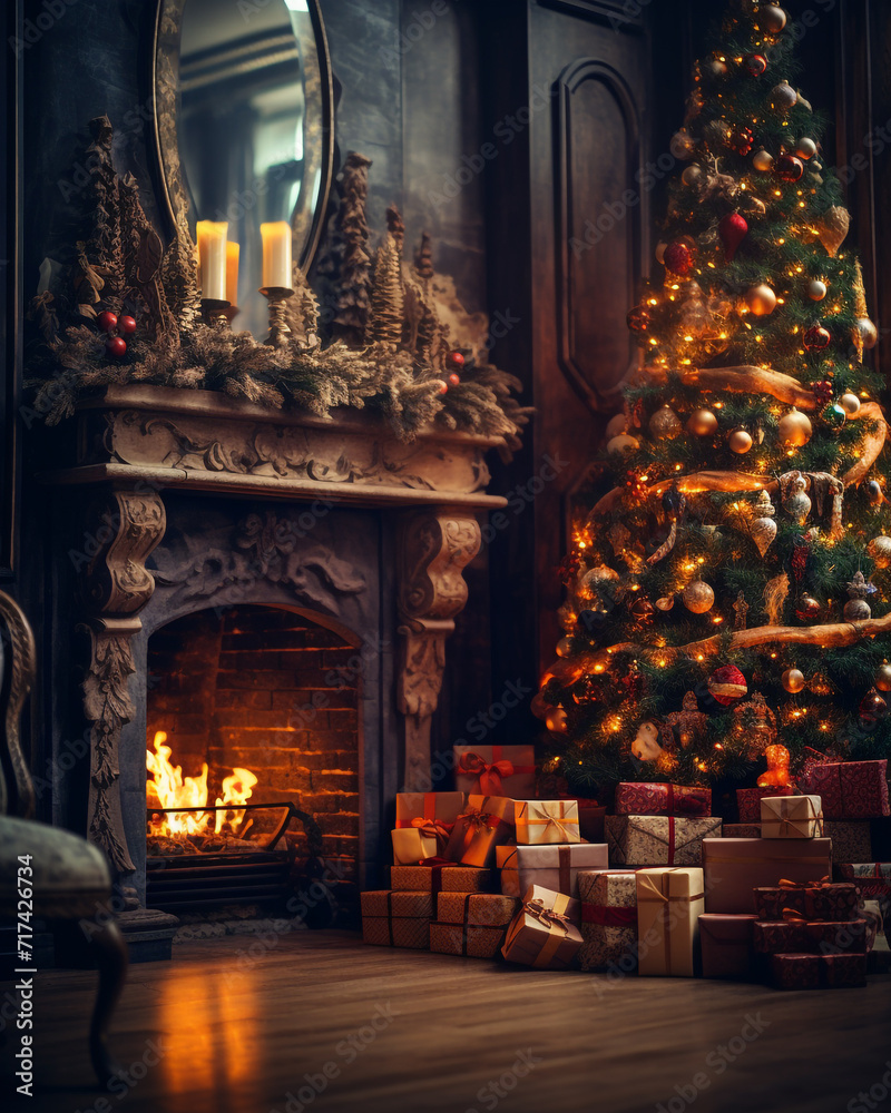 Christmas house with tree, fireplace and gifts