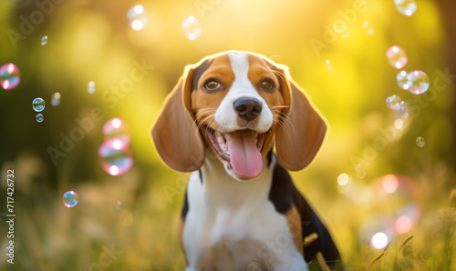Portrait of cute beagle dog on a green meadow playing with bubbles