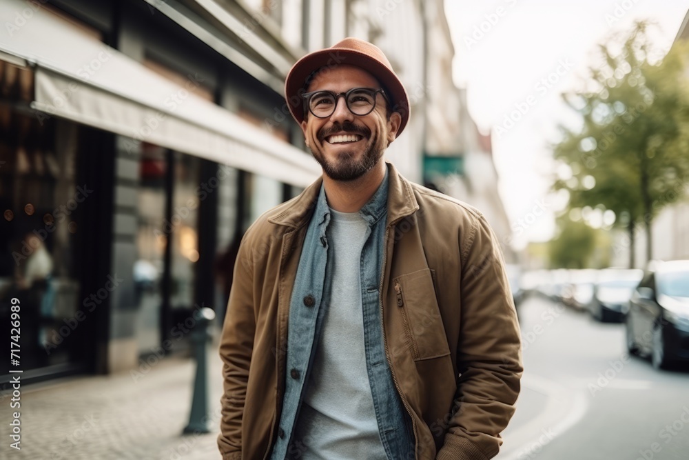 Portrait of a smiling young man wearing glasses and a hat standing in the street. Portrait of a smiling young man wearing glasses and a hat standing in the street.