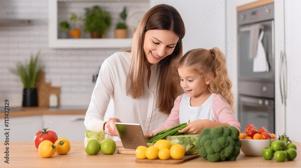 Nutrition and diet planning technology application for personalized meal plan, Mother and kid selecting food together, smart modern lifestyle Nutrition and diet planning technology application for personalized meal plan, Mother and kid selecting food together, smart modern lifestyle
