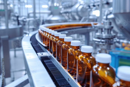 Using an automatic conveyor line for manufacture of pharmaceuticals with glass bottles filled with liquid AI Generation