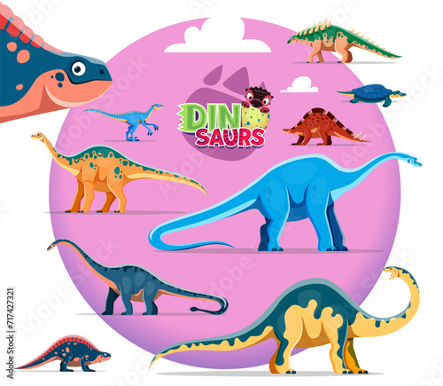 Cartoon dinosaurs cute characters. Polacanthus, Henodus, Wuerhosaurus and Eoraptor, Apatosaurus, Haplocanthosaurus, Shunosaurus and Melanorosaurus, Lotosaurus Mesozoic era dinosaurs funny personages photo