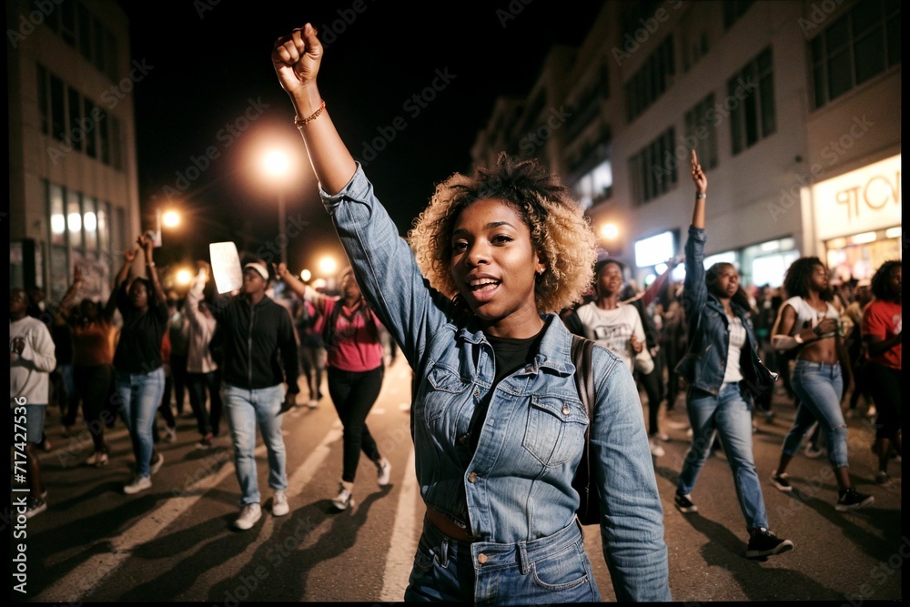 an African American protester in a protest with a group of protesters in a street calling for social justice - obrazy, fototapety, plakaty 