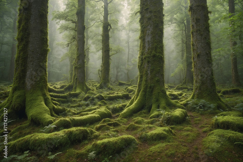 The green forest contains old trees whose trunks are covered in moss photo