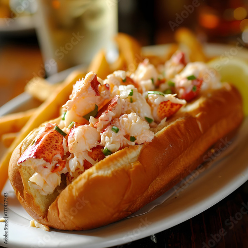 Prompt Lobster roll, stuffed with lobster meat, in a toasted bun, seaside style, bright light.--v6.0 Generative AI