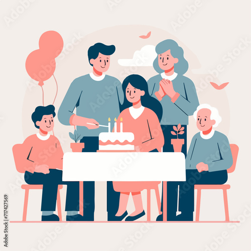 Flat minimalist illustration of family celebrating birthday