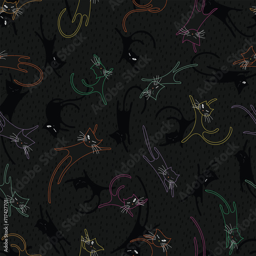 Seamless pattern with a Halloween black and colored cats. Flat cartoon kittens lie  sleep  stretch. Outline pets on a dark background. Drawn cute repeating print