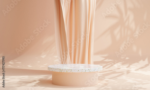 podium table with beige curtain in background for cosmetic product display, 3d illustration