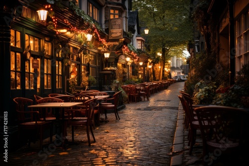 Cozy alleyway lined with pubs and eateries  creating an inviting ambiance in the evening  Generative AI