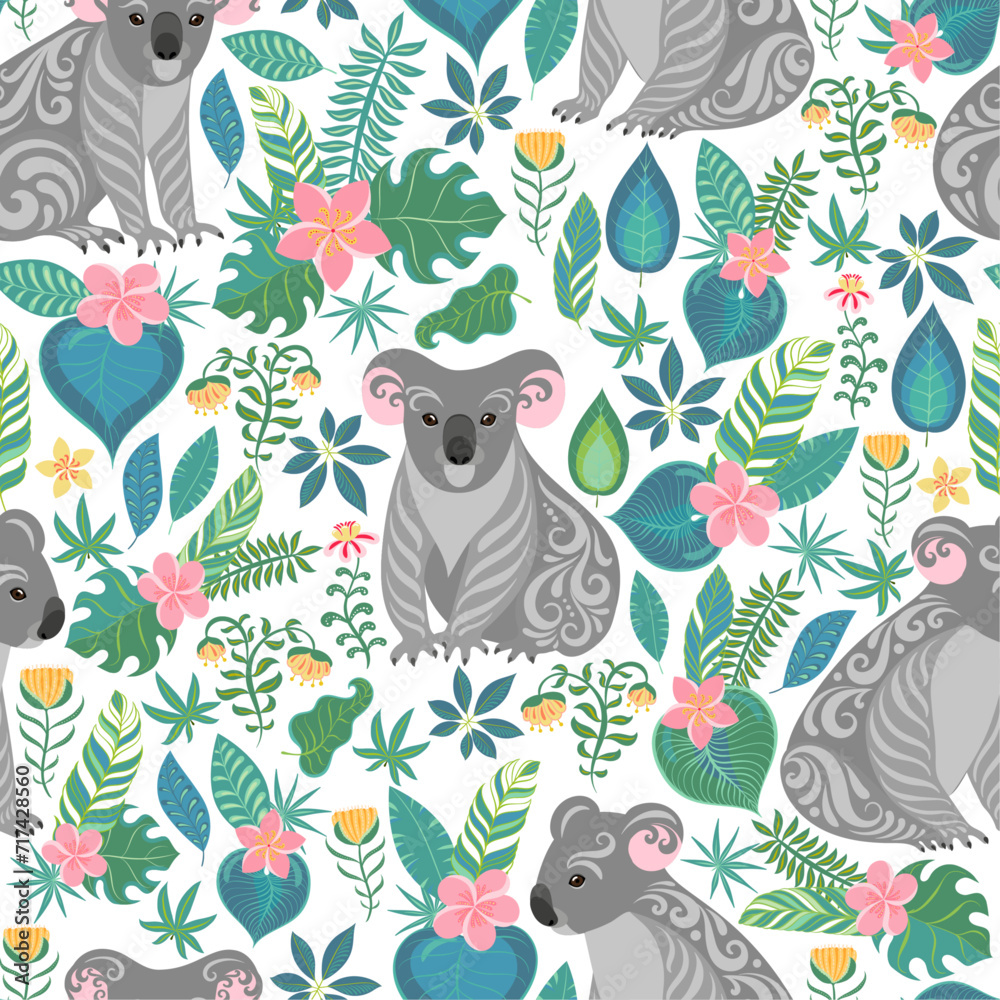 Cute gray koalas with ornaments, tropical flowers and leaves. Seamless tropical pattern. Cute gray koalas with ornaments, tropical flowers and leaves. Seamless tropical pattern.