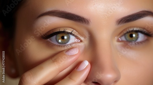 Closeup of a woman applying eye cream, fading away the dark circles and puffiness under her eyes.
