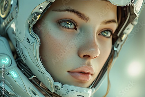 Closeup Futuristic Portrait of Young Woman Astronaut. Detailed Space Helmet. Soft Hues. AI Generated