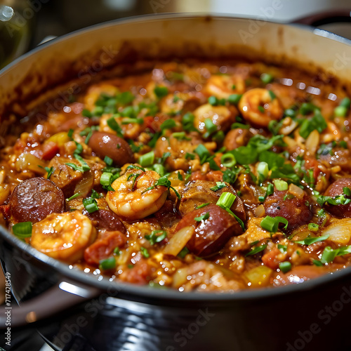 Prompt Jambalaya, spicy and hearty, in a pot, New Orleans style, warm, inviting light.--v6.0 Generative AI
