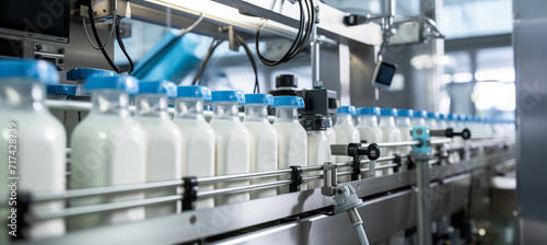 State of art machinery expertly filling milk into plastic bottles at dairy plant photo