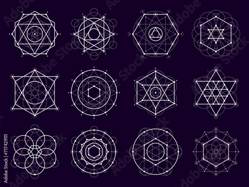 Sacred geometric shapes. Mystery, magic and esoteric symbols of spiritual arts. Vector line circle, triangle, hexagon, square and star patterns of sacred geometry, pentagram, mandala or crystal grid