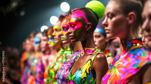 A burst of neon colors and patterns flood the runway showcasing the latest in neon fashion trends.