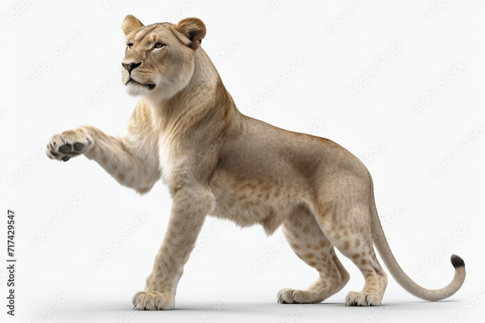 Side view of a lioness standing in front of a white background