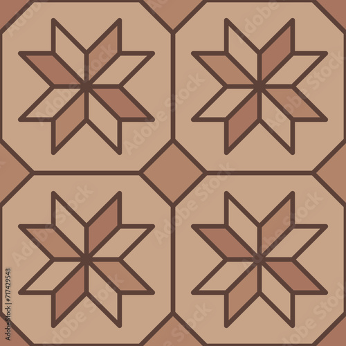 Brown pavement top view pattern, street cobblestone, garden sidewalk tile surface with contrasting hues. Vector laminate flooring, alley path, ground layout with decorative stars or flowers inlay