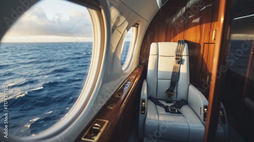 Lose yourself in the beauty of nature while traveling in style on this private jet. The detailed woodwork of the interior perfectly frames the endless expanse of the ocean outside. © Justlight