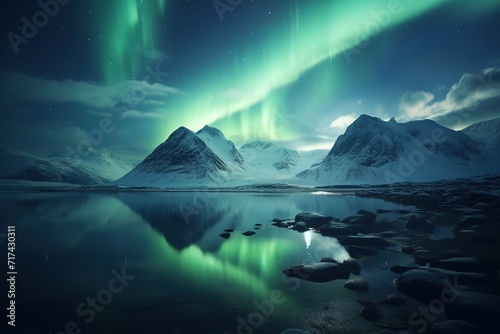 A beautiful view of the mountains with the aurora sky behind it